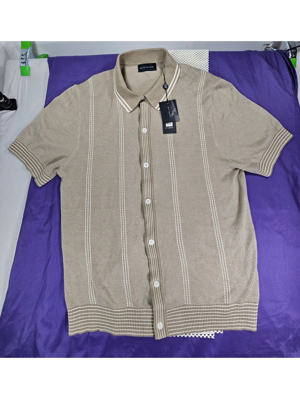 NWT Elie Tahari Men's L Silk Cotton Knit Button Front Polo Shirt Taupe Cream